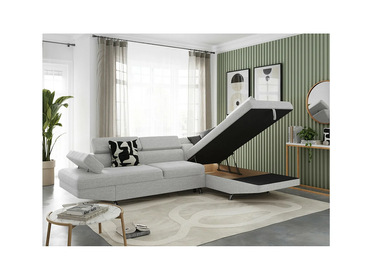 Canapé d'angle droit 5 places Rio Convertible avec coffre en tissu - Gris perle - L271 x P192 x H70cm - Loungitude