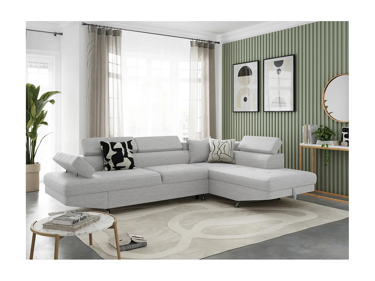 Canapé d'angle droit 5 places Rio convertible avec coffre en tissu - Gris perle - L271 x P192 x H70cm - Loungitude