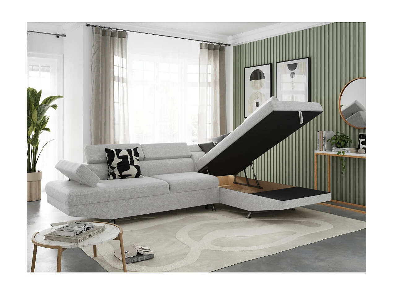 Canapé d'angle droit 5 places Rio convertible avec coffre en tissu - Gris perle - L271 x P192 x H70cm - Loungitude
