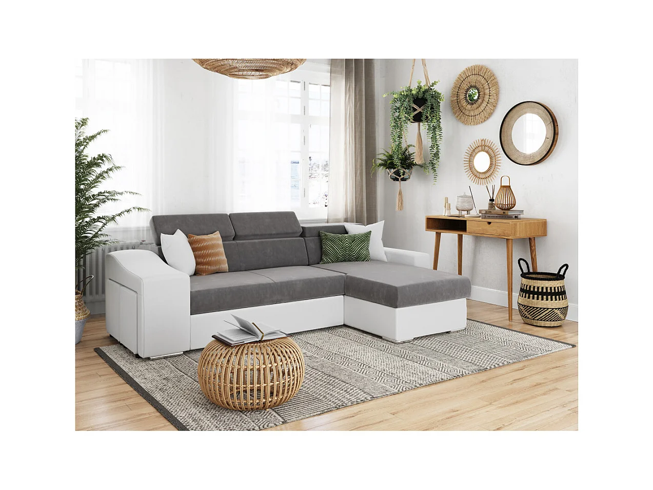 Canapé d'angle Elona convertible bi-matière Blanc et Gris avec poufs de rangement à gauche - L264 x P162 x H75cm - Loungitude