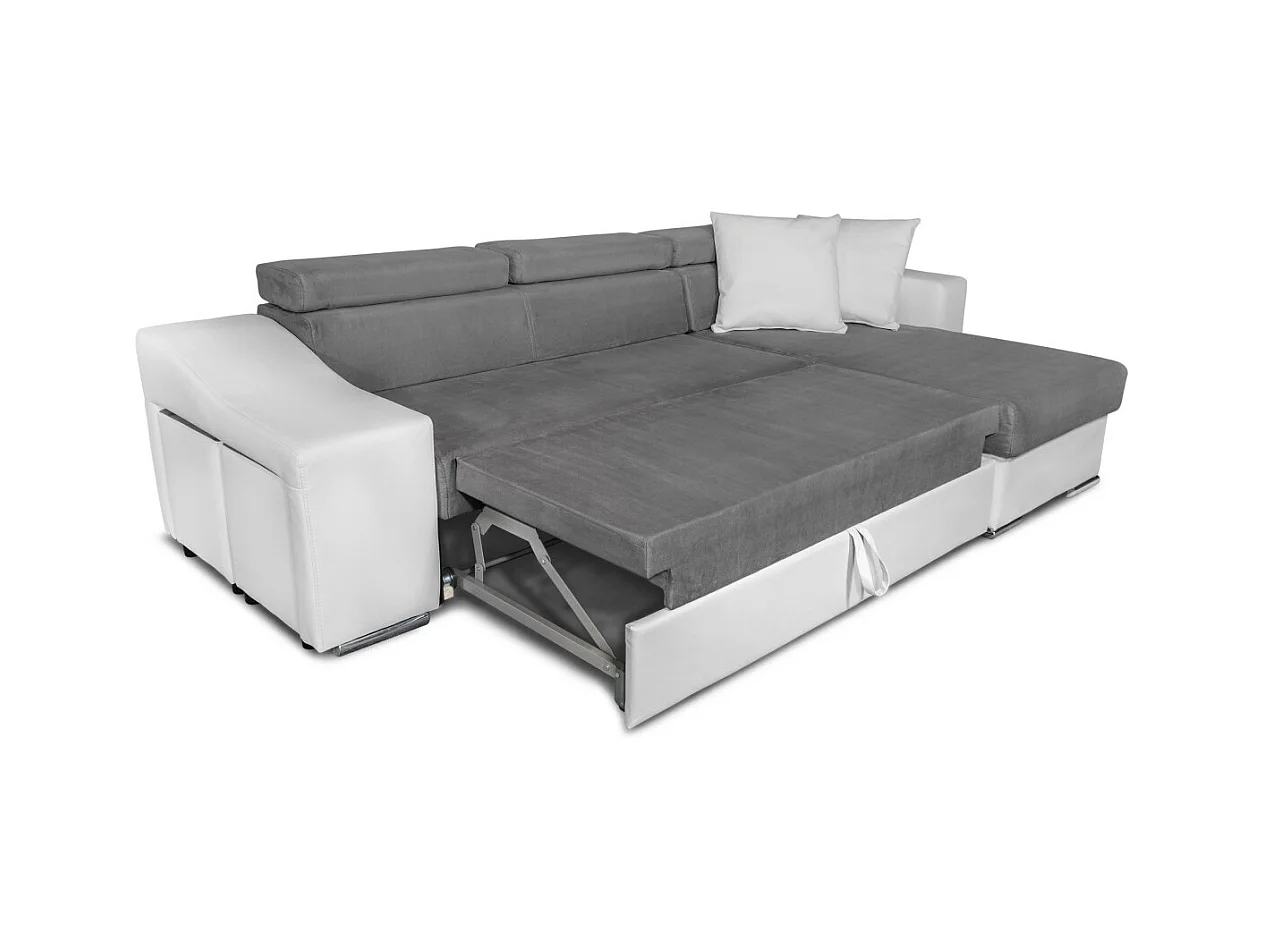 Canapé d'angle Elona convertible bi-matière Blanc et Gris avec poufs de rangement à gauche - L264 x P162 x H75cm - Loungitude