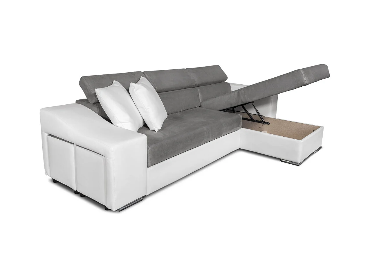 Canapé d'angle Elona convertible bi-matière Blanc et Gris avec poufs de rangement à gauche - L264 x P162 x H75cm - Loungitude