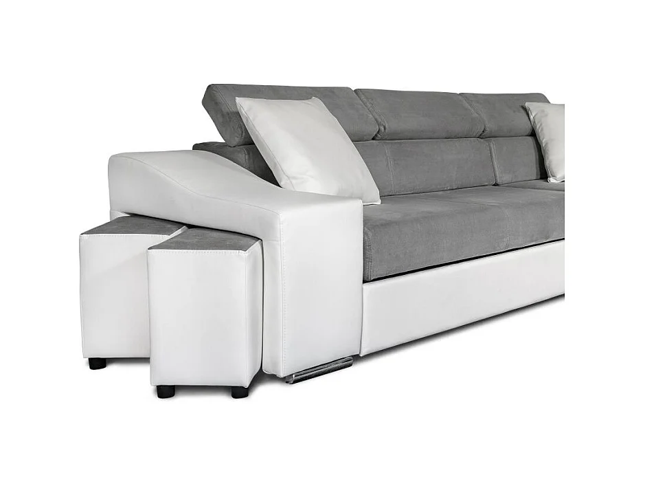 Canapé d'angle Elona convertible bi-matière Blanc et Gris avec poufs de rangement à gauche - L264 x P162 x H75cm - Loungitude