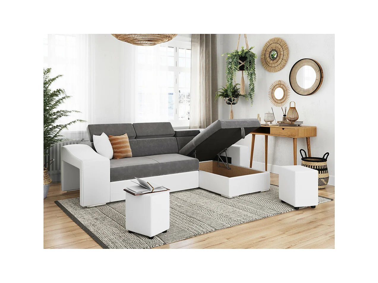 Canapé d'angle Elona convertible bi-matière Blanc et Gris avec poufs de rangement à gauche - L264 x P162 x H75cm - Loungitude