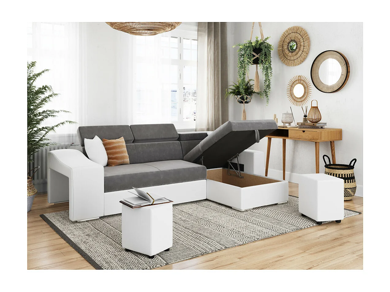 Canapé d'angle Elona convertible bi-matière Blanc et Gris avec poufs de rangement à gauche - L264 x P162 x H75cm - Loungitude