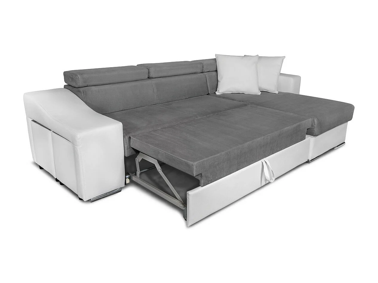 Canapé d'angle Elona convertible bi-matière Blanc et Gris avec poufs de rangement à gauche - L264 x P162 x H75cm - Loungitude