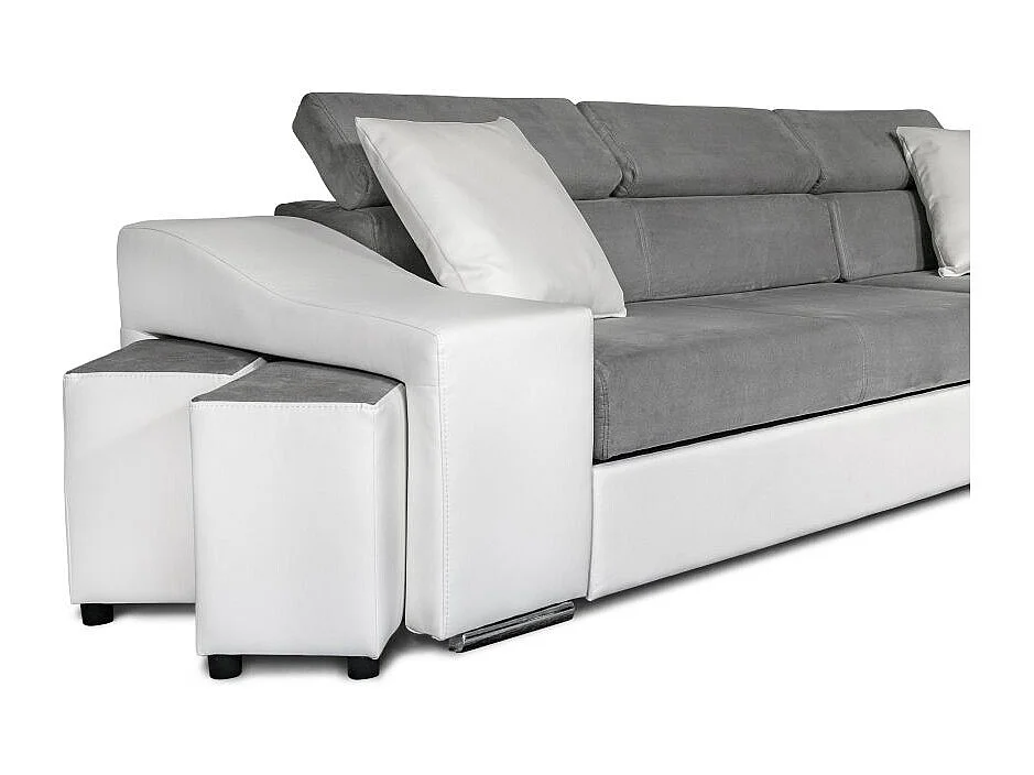 Canapé d'angle Elona convertible bi-matière Blanc et Gris avec poufs de rangement à gauche - L264 x P162 x H75cm - Loungitude