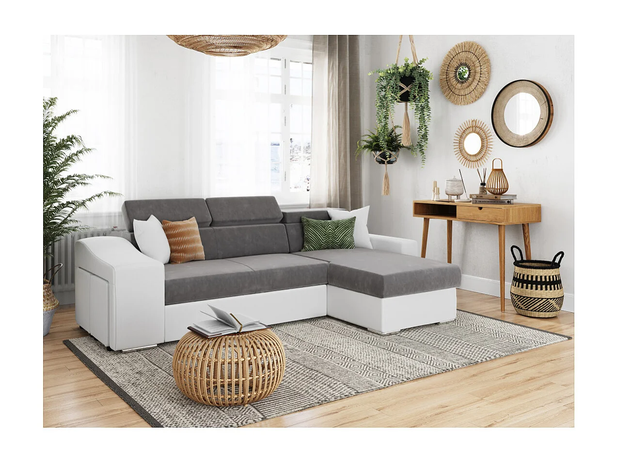 Canapé d'angle Elona convertible bi-matière Blanc et Gris avec poufs de rangement à gauche - L264 x P162 x H75cm - Loungitude