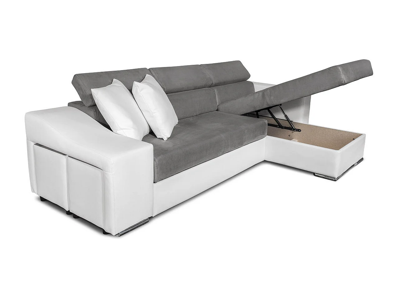 Canapé d'angle Elona convertible bi-matière Blanc et Gris avec poufs de rangement à gauche - L264 x P162 x H75cm - Loungitude