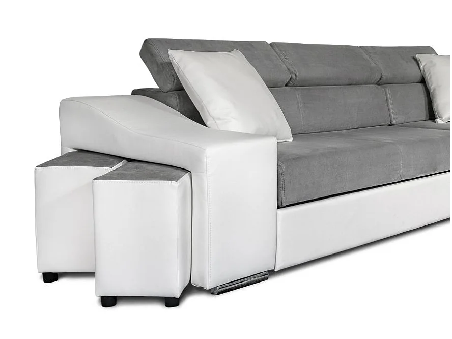Canapé d'angle Elona convertible bi-matière Blanc et Gris avec poufs de rangement à gauche - L264 x P162 x H75cm - Loungitude