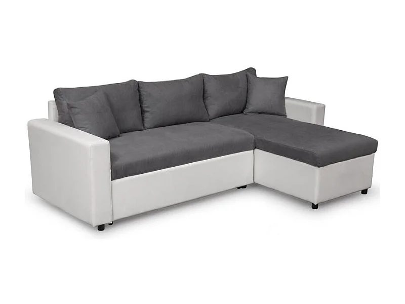 Canapé d'angle Maria Réversible et Convertible avec Coffre en simili et microfibre - Blanc/Gris - L227 x P146 x H81cm - Loungitude