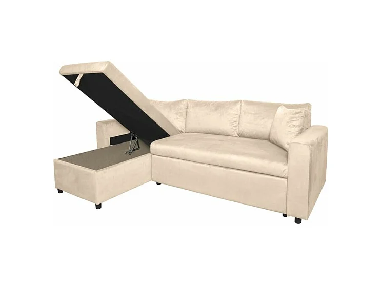 Canapé d'angle 3 places Maria réversible et convertible avec coffre en velours - Beige - L227 x P146 x H81cm - Loungitude