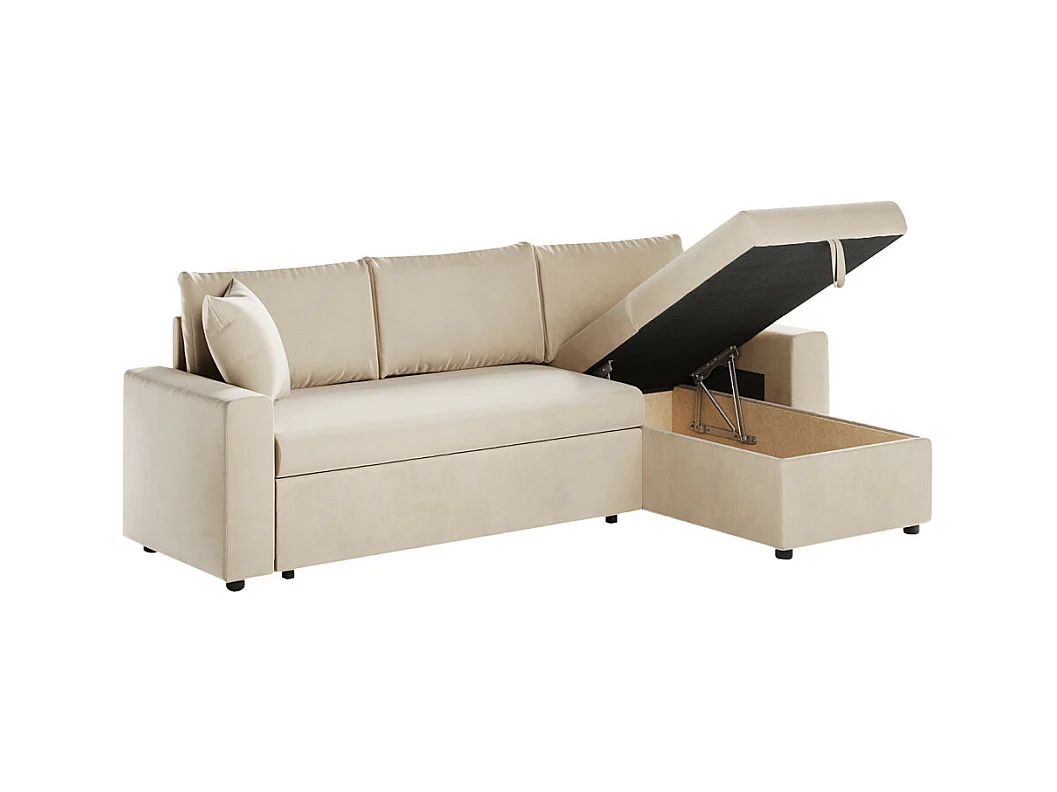 Canapé d'angle 3 places Maria réversible et convertible avec coffre en velours - Beige - L227 x P146 x H81cm - Loungitude