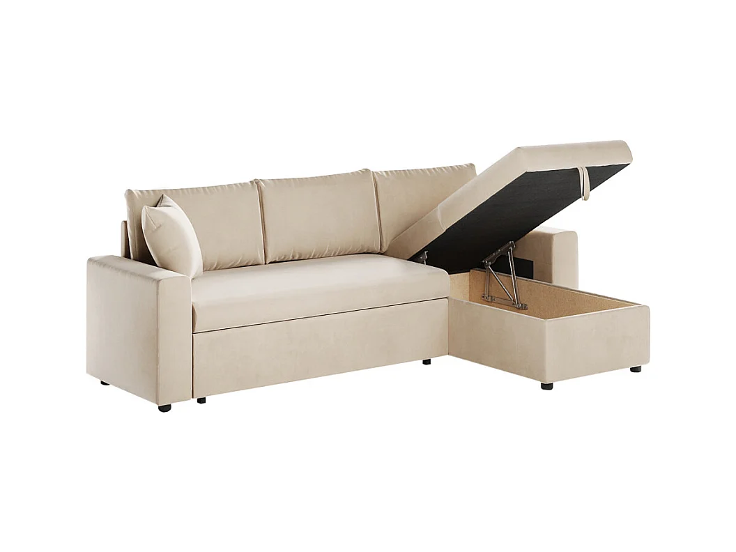 Canapé d'angle 3 places Maria réversible et convertible avec coffre en velours - Beige - L227 x P146 x H81cm - Loungitude
