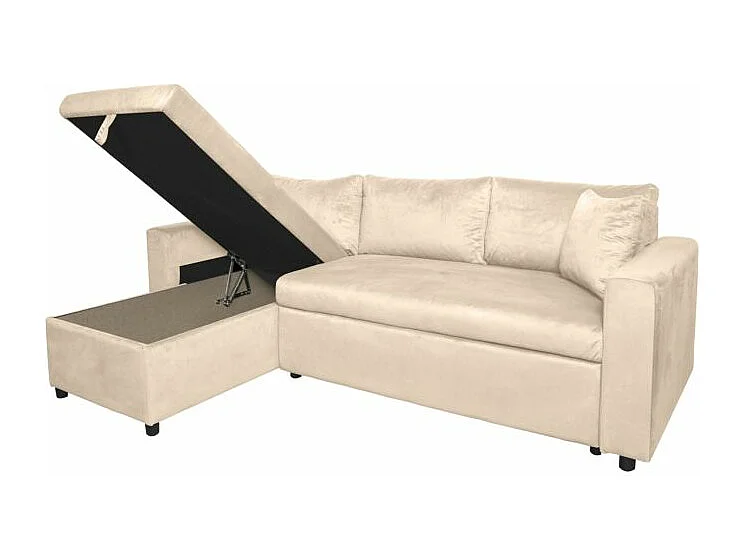 Canapé d'angle 3 places Maria réversible et convertible avec coffre en velours - Beige - L227 x P146 x H81cm - Loungitude