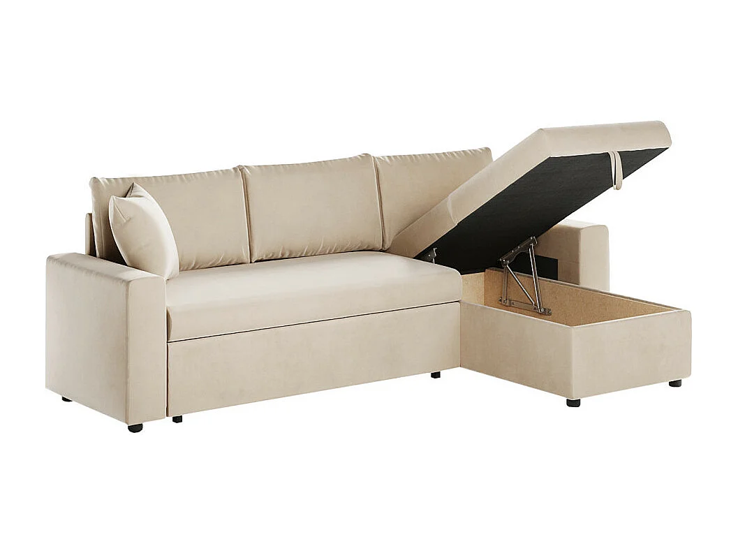 Canapé d'angle 3 places Maria réversible et convertible avec coffre en velours - Beige - L227 x P146 x H81cm - Loungitude