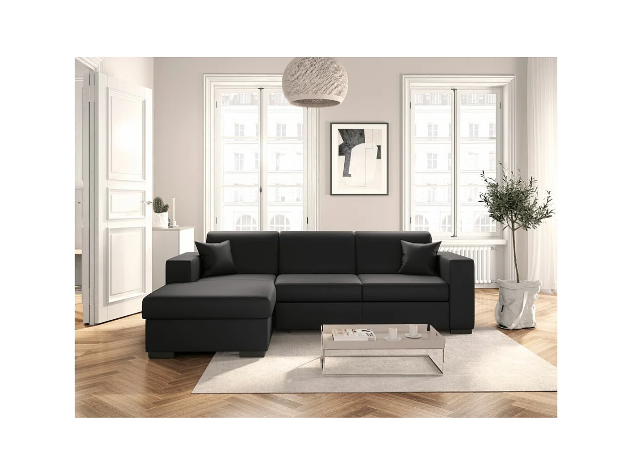 Canapé d'angle gauche 4 places Fuji XL convertible avec coffre en simili - Gris anthracite - L262 x 157 x 83cm - Loungitude