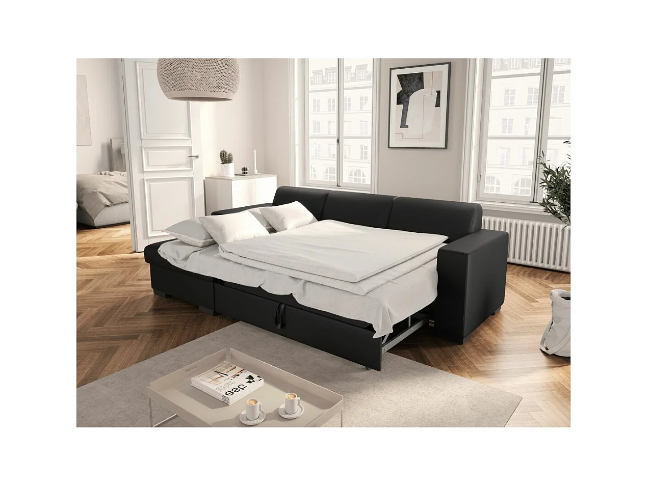 Canapé d'angle gauche 4 places Fuji XL convertible avec coffre en simili - Gris anthracite - L262 x 157 x 83cm - Loungitude