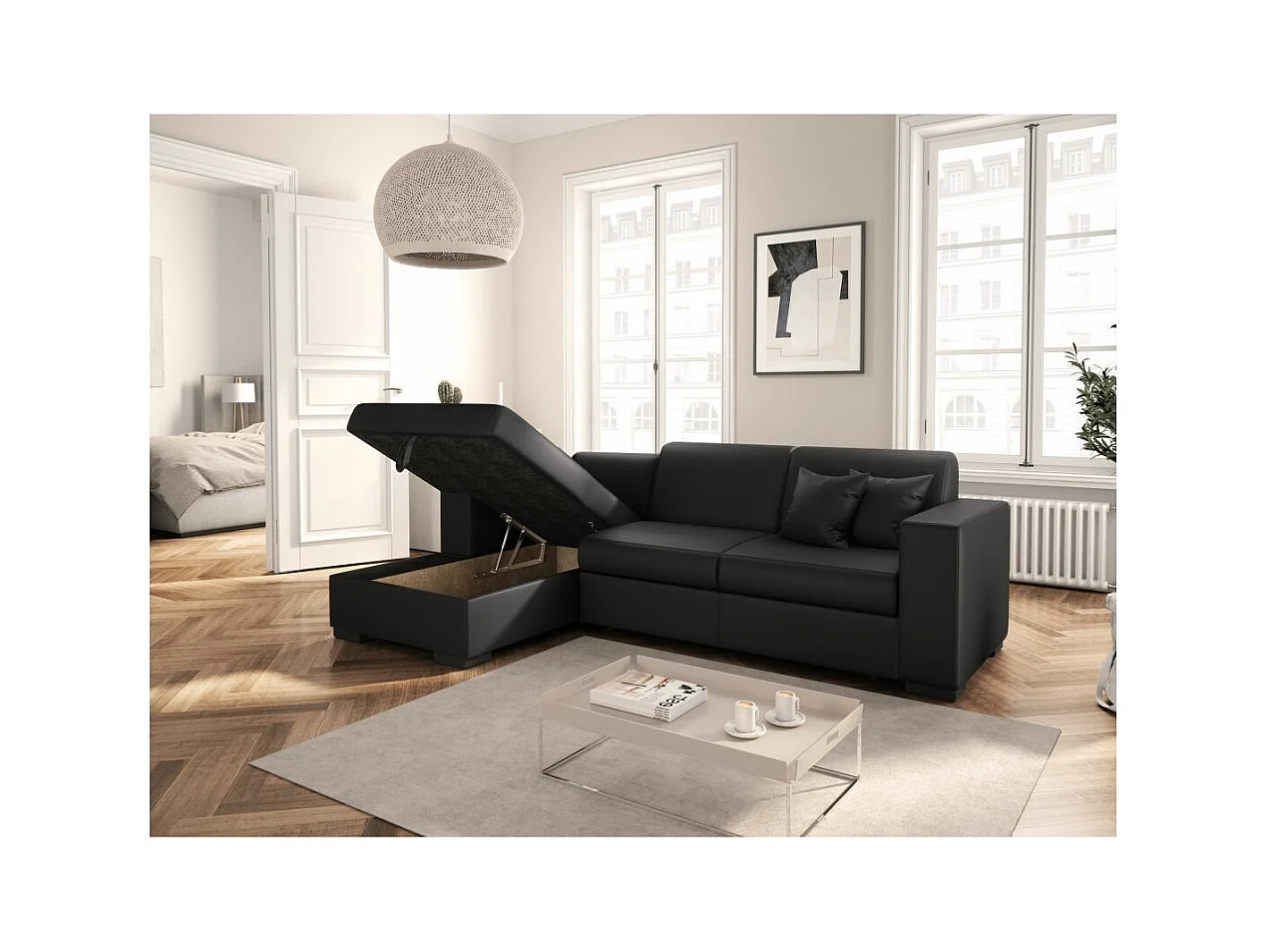 Canapé d'angle gauche 4 places Fuji XL convertible avec coffre en simili - Gris anthracite - L262 x 157 x 83cm - Loungitude