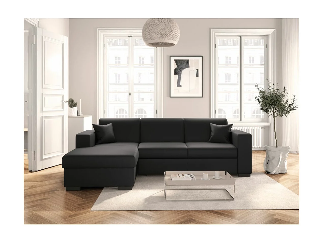 Canapé d'angle gauche 4 places Fuji XL convertible avec coffre en simili - Gris anthracite - L262 x 157 x 83cm - Loungitude