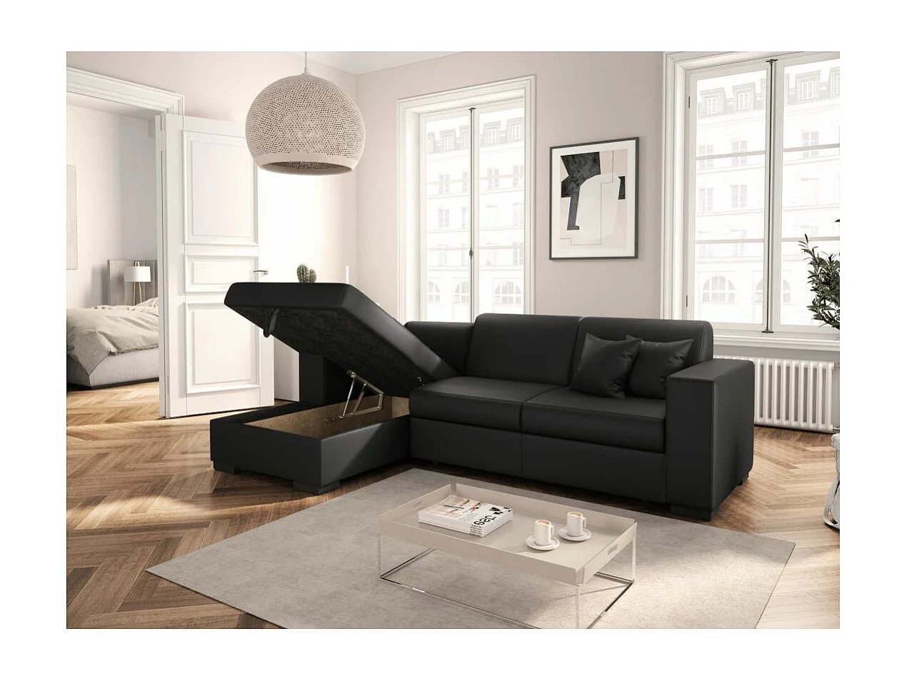 Canapé d'angle gauche 4 places Fuji XL convertible avec coffre en simili - Gris anthracite - L262 x 157 x 83cm - Loungitude