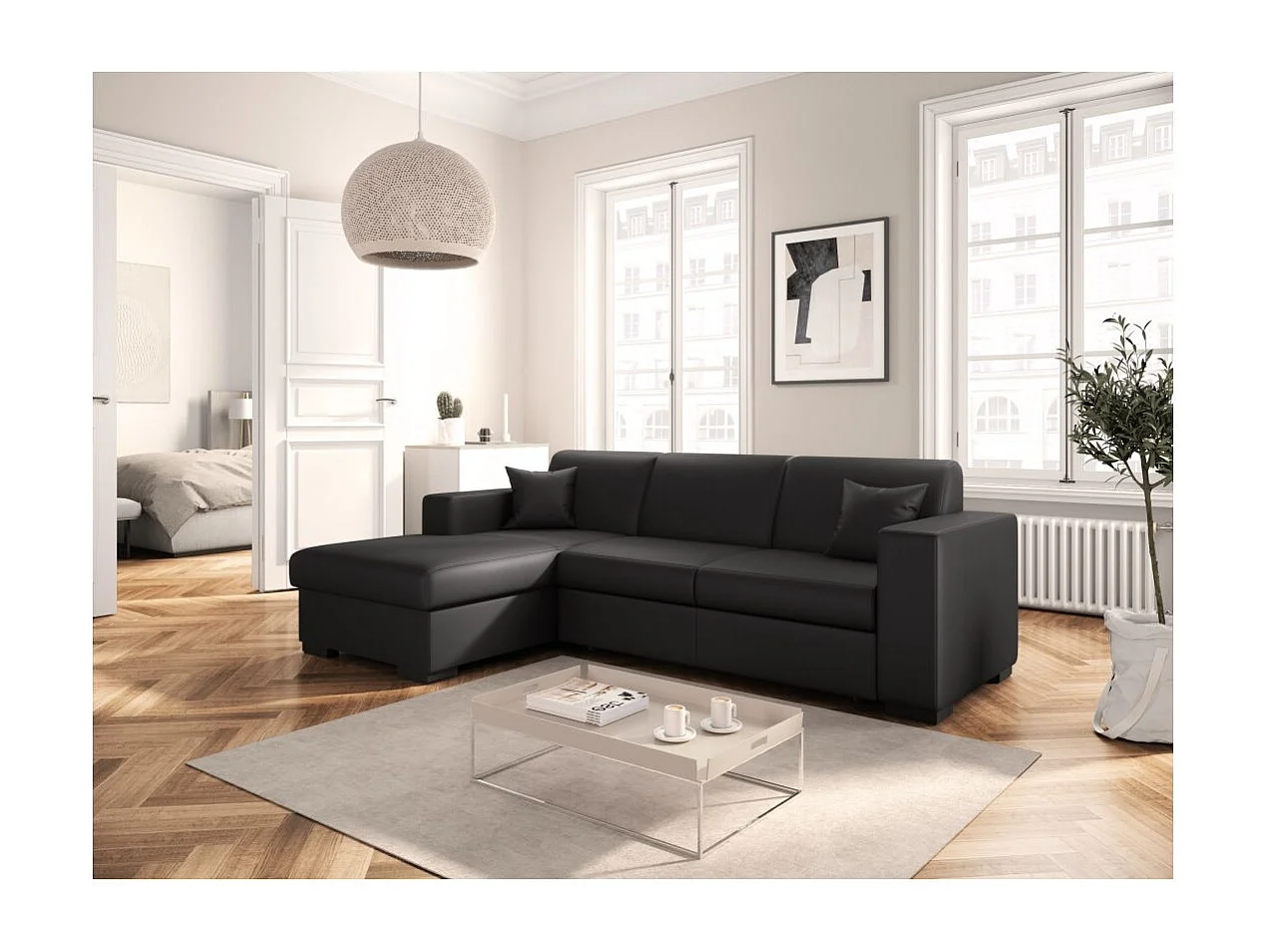 Canapé d'angle gauche 4 places Fuji XL convertible avec coffre en simili - Gris anthracite - L262 x 157 x 83cm - Loungitude