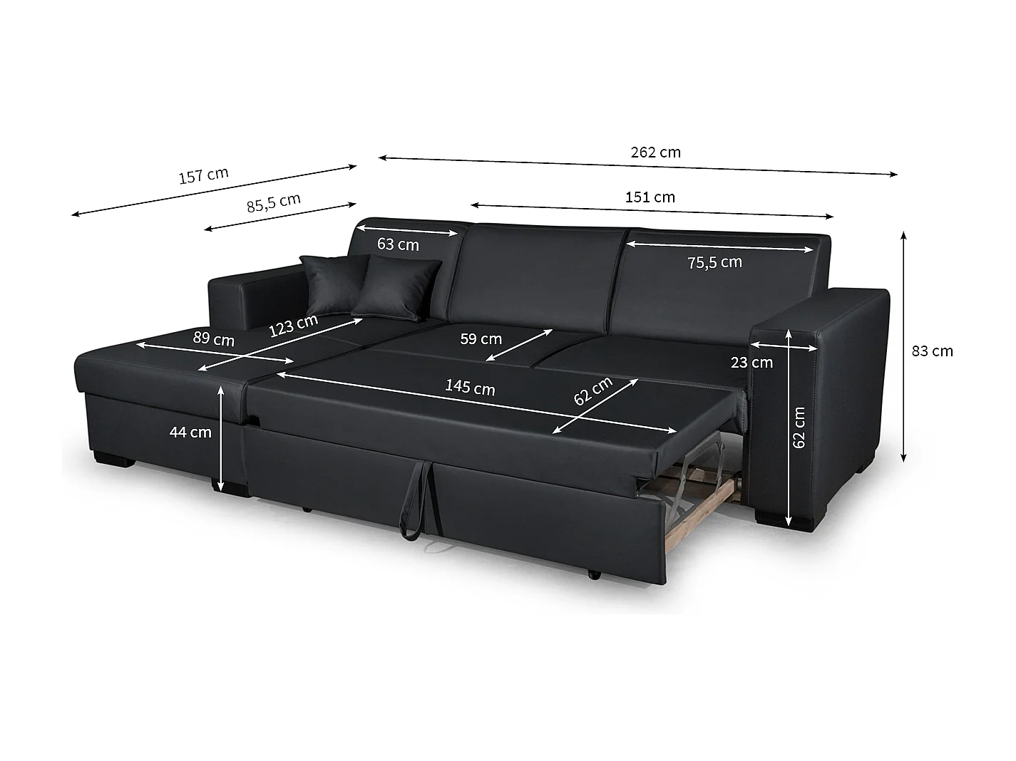 Canapé d'angle gauche 4 places Fuji XL convertible avec coffre en simili - Gris anthracite - L262 x 157 x 83cm - Loungitude