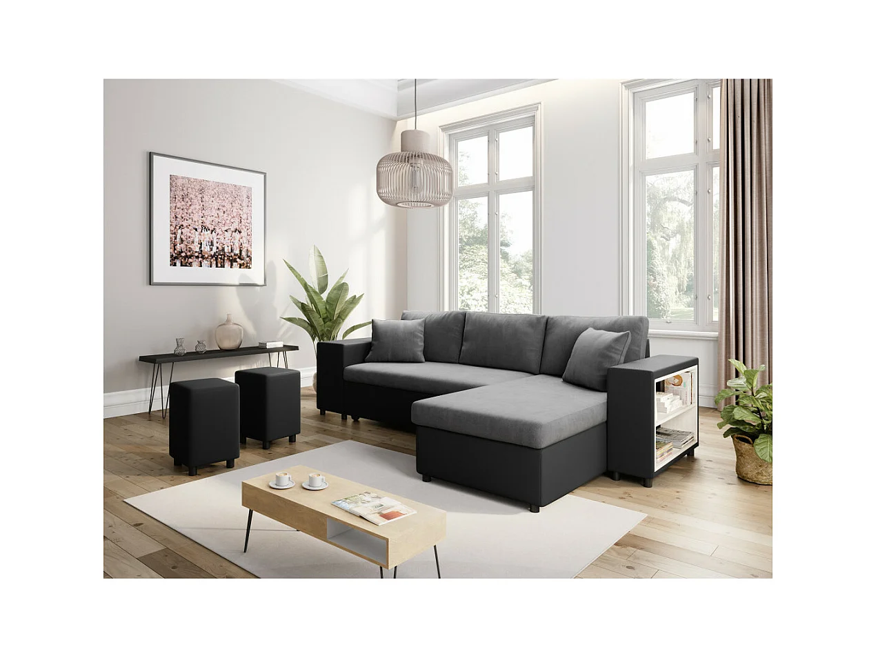 Canapé d'angle réversible Mady bimatière gris/noir avec coffre accoudoir étagère et poufs gauche - L254 x P146 x H81cm - Loungitude