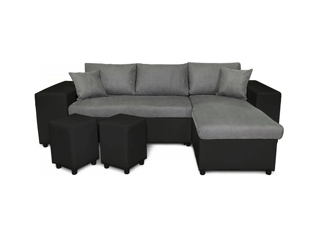 Canapé d'angle réversible Mady bimatière gris/noir avec coffre accoudoir étagère et poufs gauche - L254 x P146 x H81cm - Loungitude