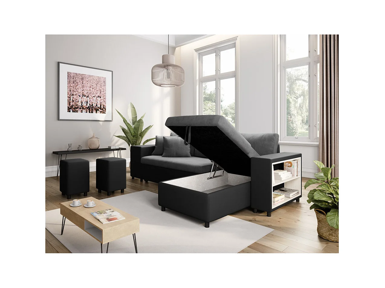 Canapé d'angle réversible Mady bimatière gris/noir avec coffre accoudoir étagère et poufs gauche - L254 x P146 x H81cm - Loungitude