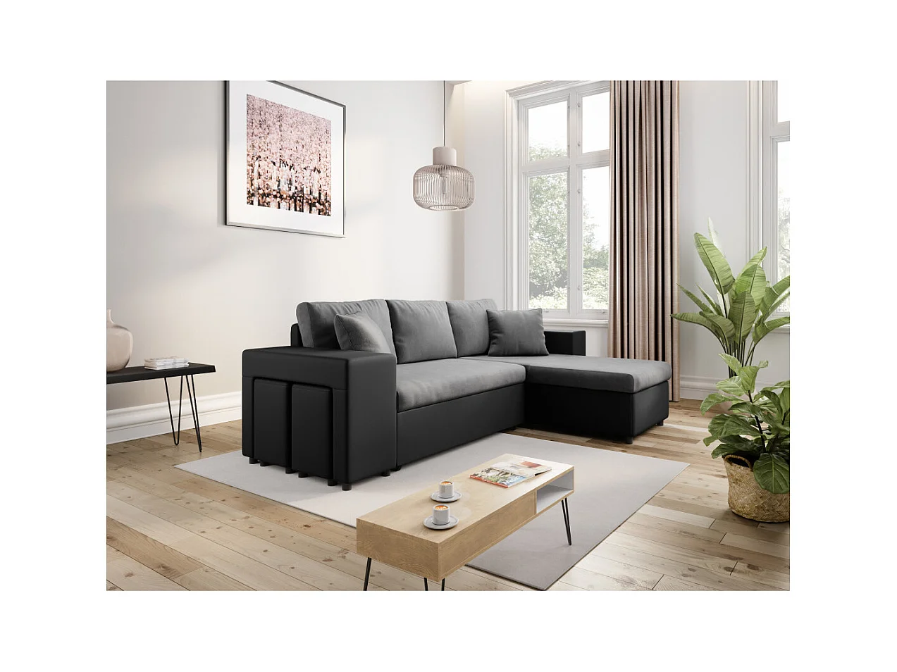 Canapé d'angle réversible Mady bimatière gris/noir avec coffre accoudoir étagère et poufs gauche - L254 x P146 x H81cm - Loungitude