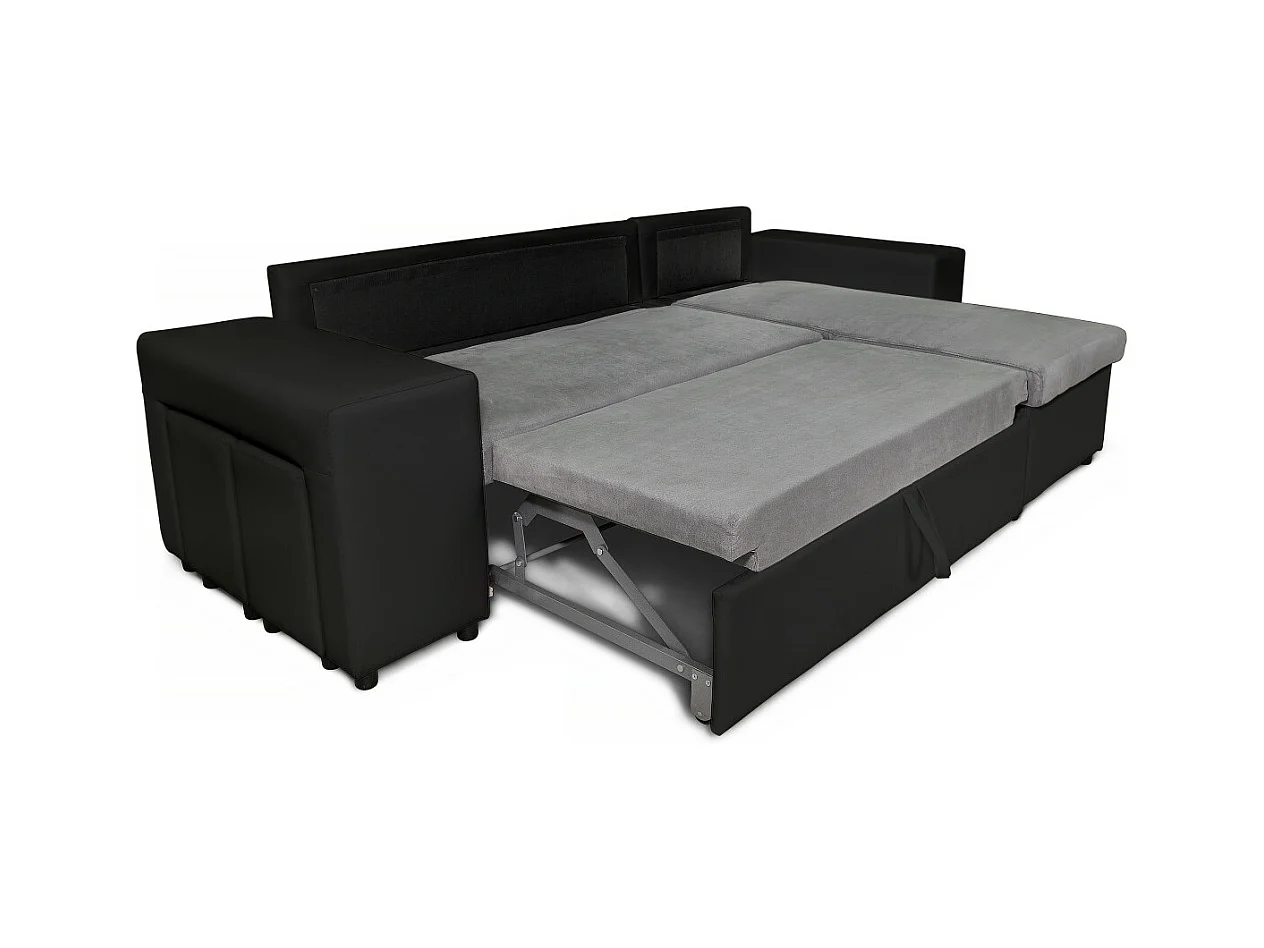 Canapé d'angle réversible Mady bimatière gris/noir avec coffre accoudoir étagère et poufs gauche - L254 x P146 x H81cm - Loungitude