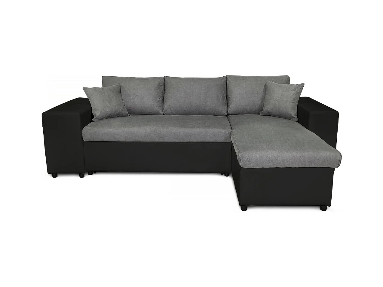 Canapé d'angle réversible Mady bimatière gris/noir avec coffre accoudoir étagère et poufs gauche - L254 x P146 x H81cm - Loungitude