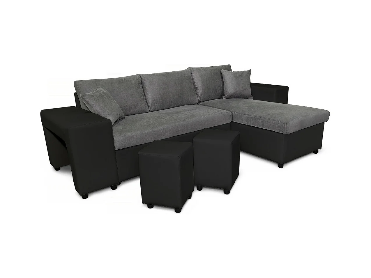 Canapé d'angle réversible Mady bimatière gris/noir avec coffre accoudoir étagère et poufs gauche - L254 x P146 x H81cm - Loungitude