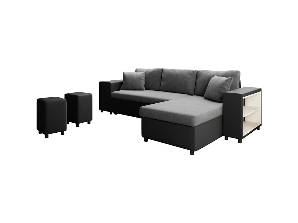 Canapé d'angle réversible Mady bimatière gris/noir avec coffre accoudoir étagère et poufs gauche - L254 x P146 x H81cm - Loungitude