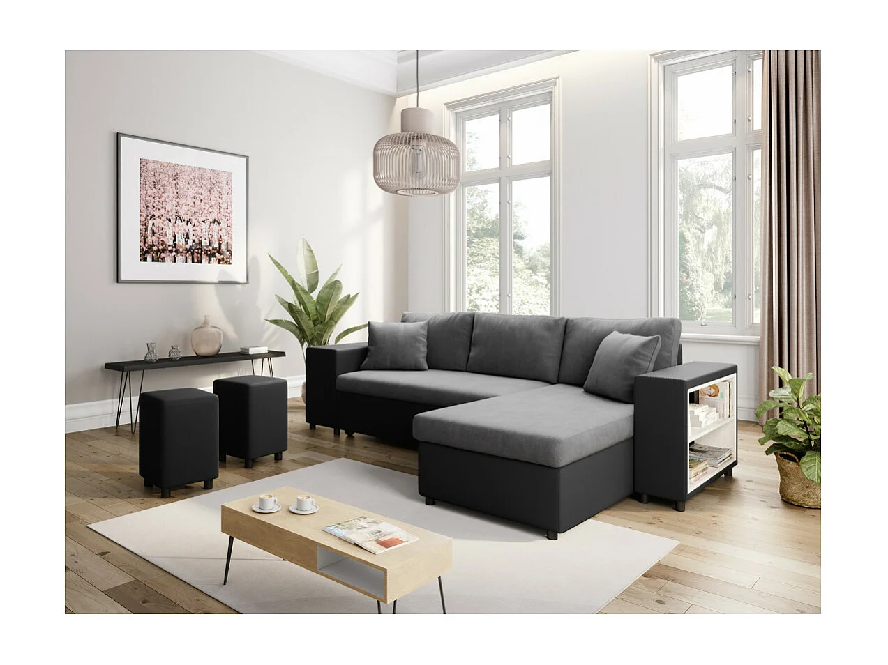 Canapé d'angle réversible Mady bimatière gris/noir avec coffre accoudoir étagère et poufs gauche - L254 x P146 x H81cm - Loungitude