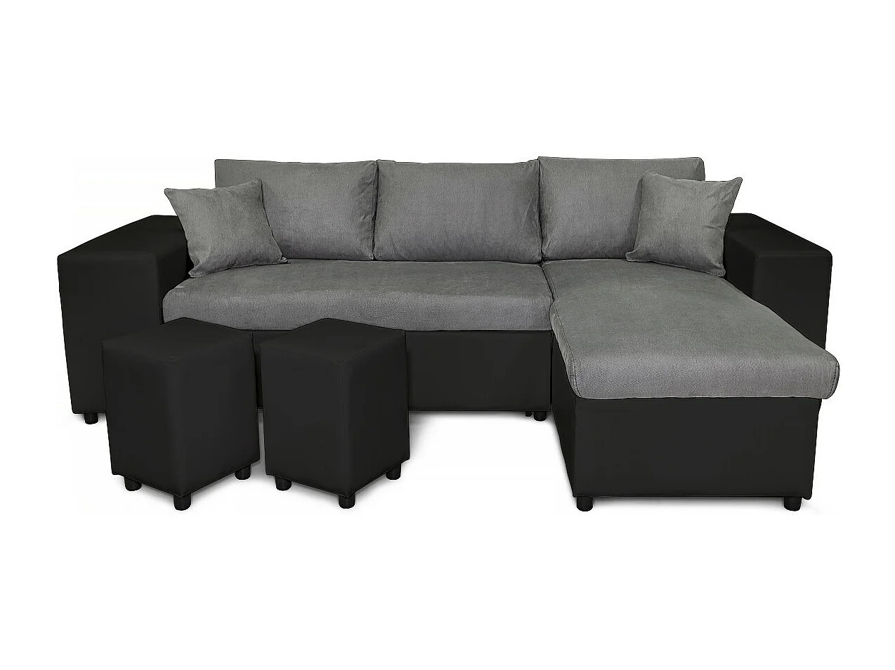 Canapé d'angle réversible Mady bimatière gris/noir avec coffre accoudoir étagère et poufs gauche - L254 x P146 x H81cm - Loungitude