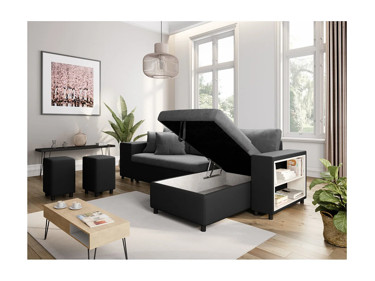 Canapé d'angle réversible Mady bimatière gris/noir avec coffre accoudoir étagère et poufs gauche - L254 x P146 x H81cm - Loungitude