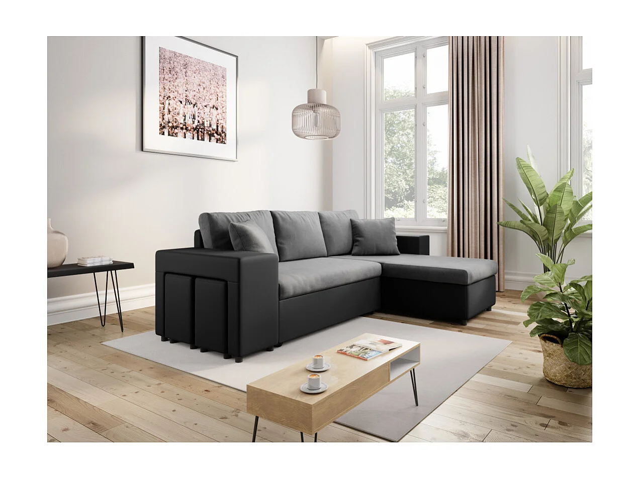 Canapé d'angle réversible Mady bimatière gris/noir avec coffre accoudoir étagère et poufs gauche - L254 x P146 x H81cm - Loungitude