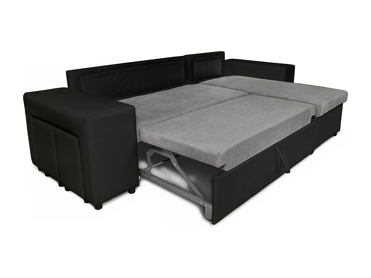 Canapé d'angle réversible Mady bimatière gris/noir avec coffre accoudoir étagère et poufs gauche - L254 x P146 x H81cm - Loungitude