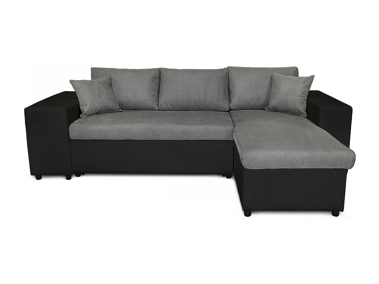 Canapé d'angle réversible Mady bimatière gris/noir avec coffre accoudoir étagère et poufs gauche - L254 x P146 x H81cm - Loungitude