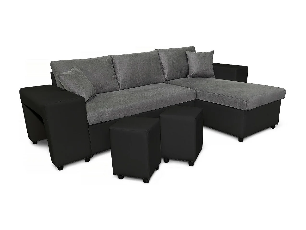 Canapé d'angle réversible Mady bimatière gris/noir avec coffre accoudoir étagère et poufs gauche - L254 x P146 x H81cm - Loungitude