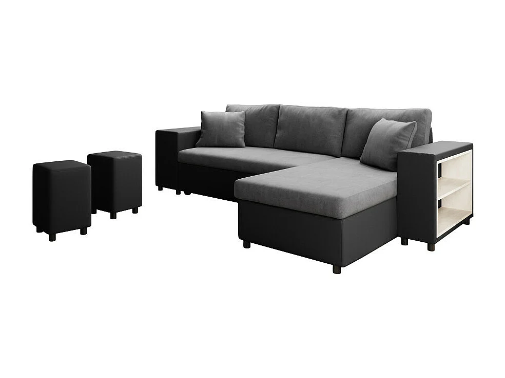 Canapé d'angle réversible Mady bimatière gris/noir avec coffre accoudoir étagère et poufs gauche - L254 x P146 x H81cm - Loungitude