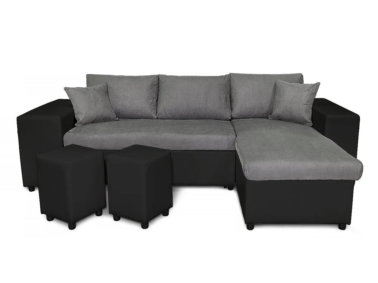 Canapé d'angle réversible Mady bimatière gris/noir avec coffre accoudoir étagère et poufs gauche - L254 x P146 x H81cm - Loungitude