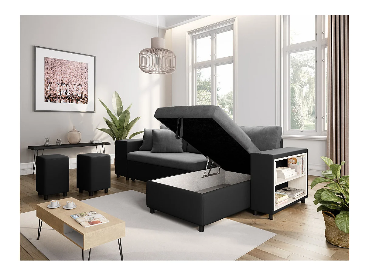 Canapé d'angle réversible Mady bimatière gris/noir avec coffre accoudoir étagère et poufs gauche - L254 x P146 x H81cm - Loungitude