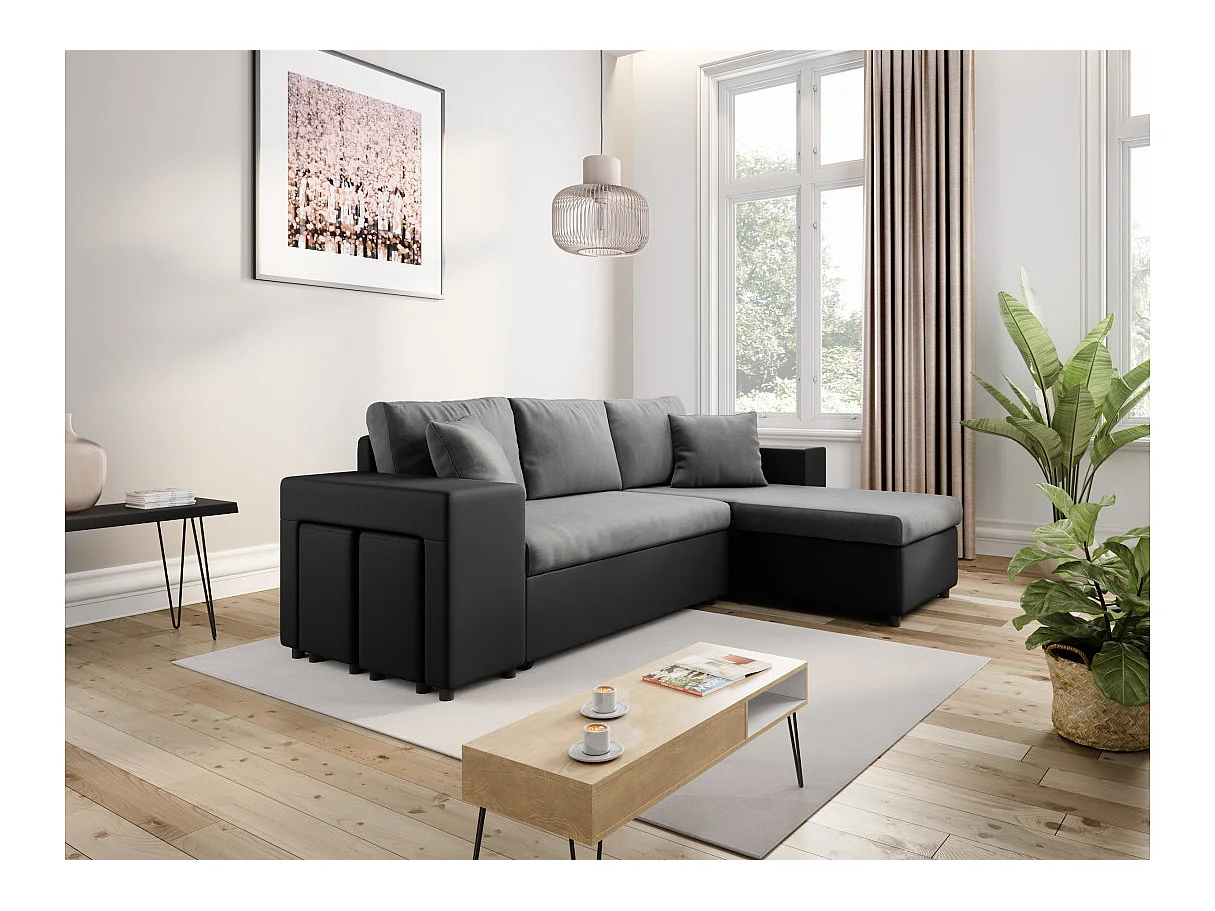Canapé d'angle réversible Mady bimatière gris/noir avec coffre accoudoir étagère et poufs gauche - L254 x P146 x H81cm - Loungitude