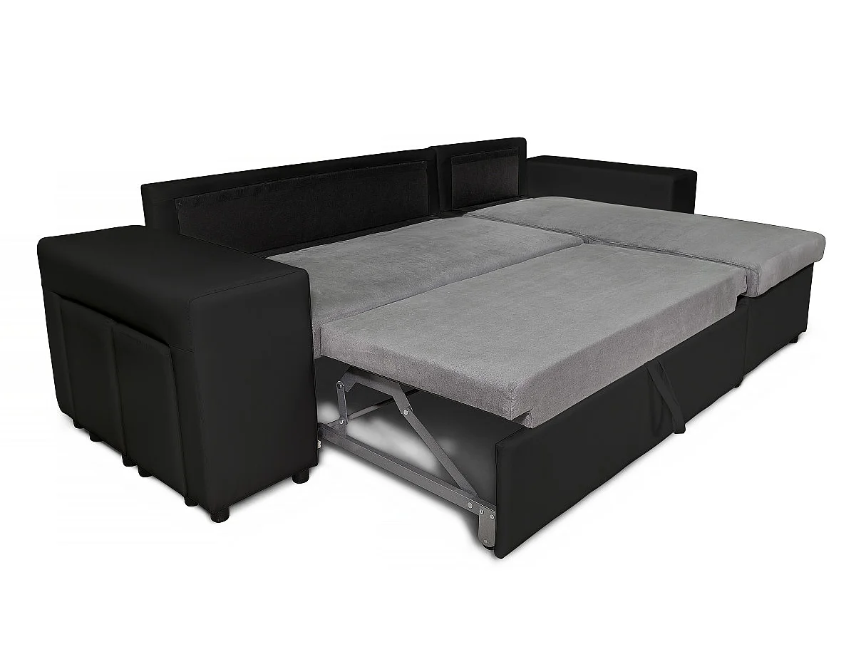 Canapé d'angle réversible Mady bimatière gris/noir avec coffre accoudoir étagère et poufs gauche - L254 x P146 x H81cm - Loungitude