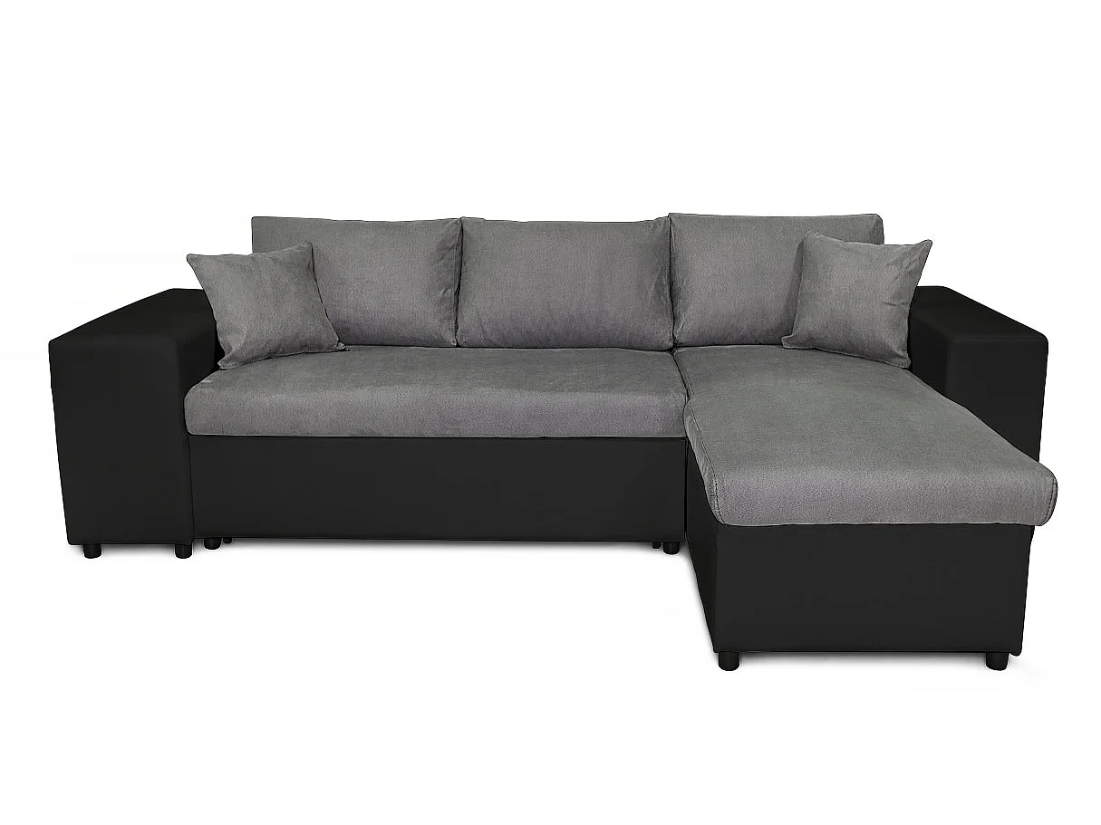 Canapé d'angle réversible Mady bimatière gris/noir avec coffre accoudoir étagère et poufs gauche - L254 x P146 x H81cm - Loungitude