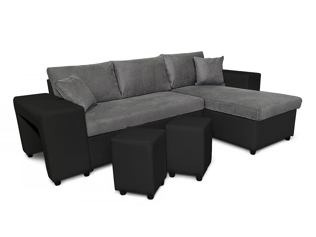 Canapé d'angle réversible Mady bimatière gris/noir avec coffre accoudoir étagère et poufs gauche - L254 x P146 x H81cm - Loungitude