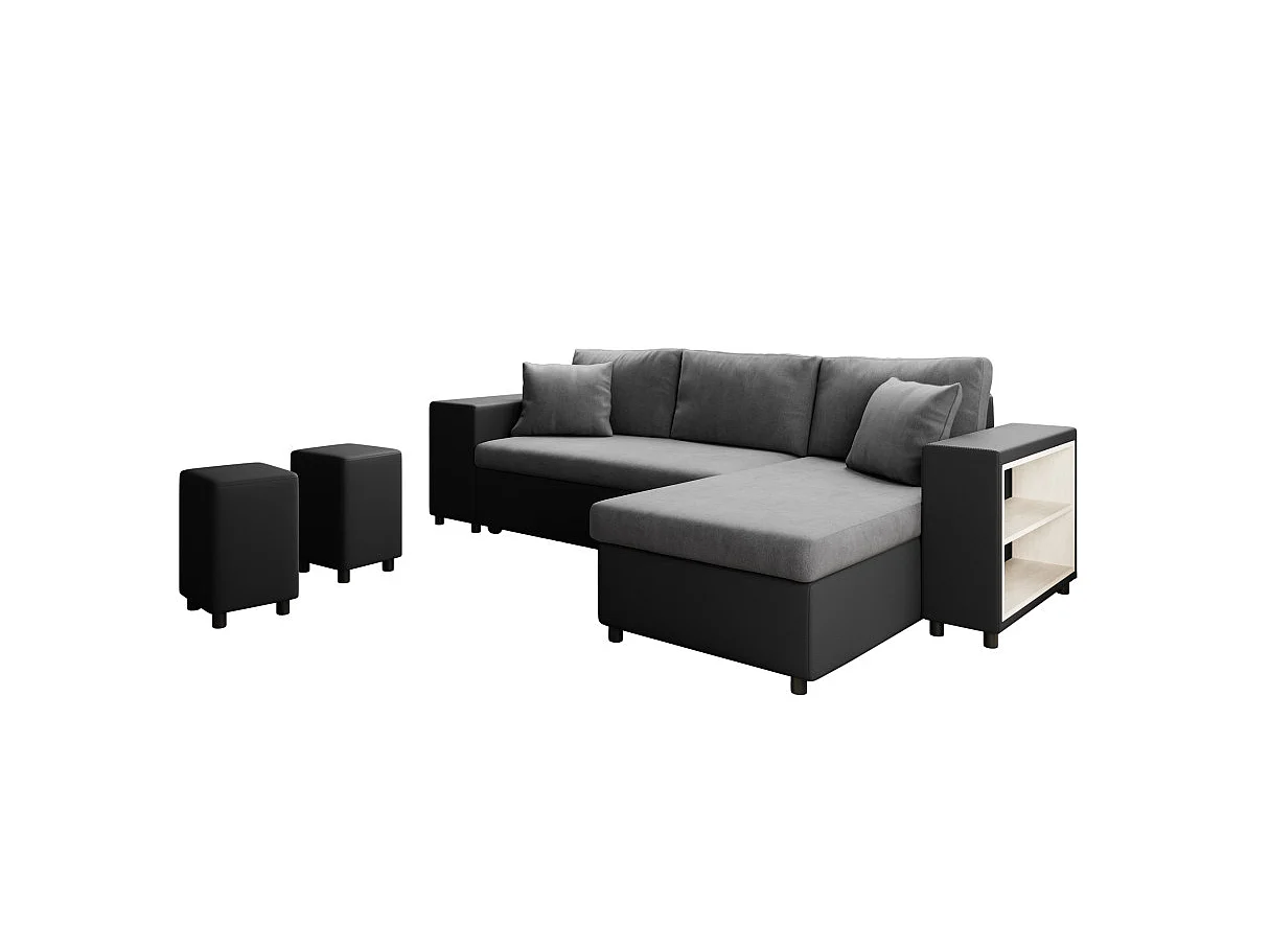 Canapé d'angle réversible Mady bimatière gris/noir avec coffre accoudoir étagère et poufs gauche - L254 x P146 x H81cm - Loungitude